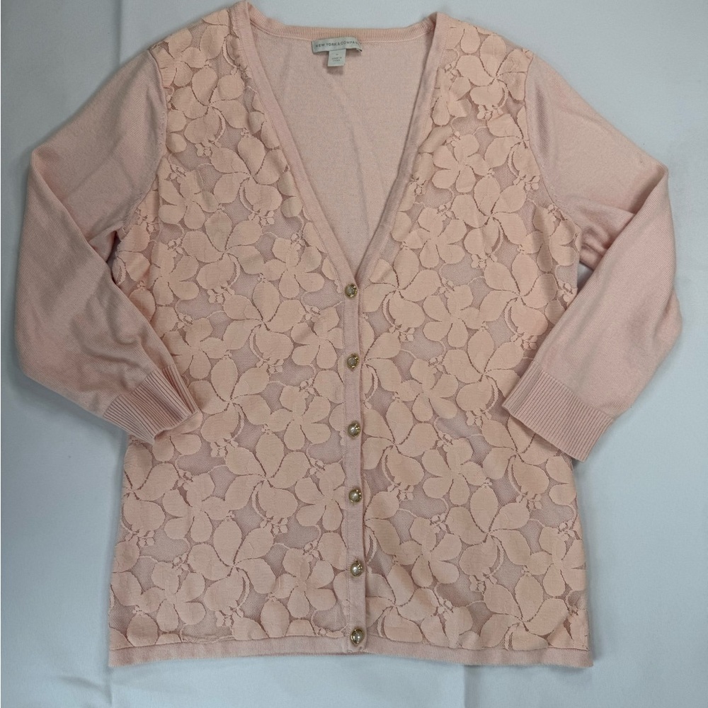 New York & Company Blush Knit Lace Cardigan